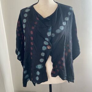 Black Button-Up Poncho with Blue and Red Dots